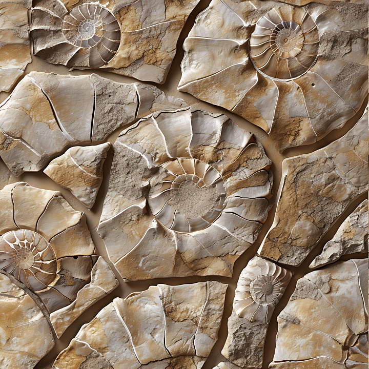 Fossilized Stone Featuring Ammonite Shell Imprints and Weathered Surfac… seamless PBR texture preview