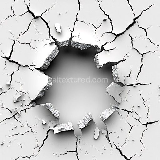 Seamless 3D cracked plaster PBR texture featuring large torn hole and fractures in white