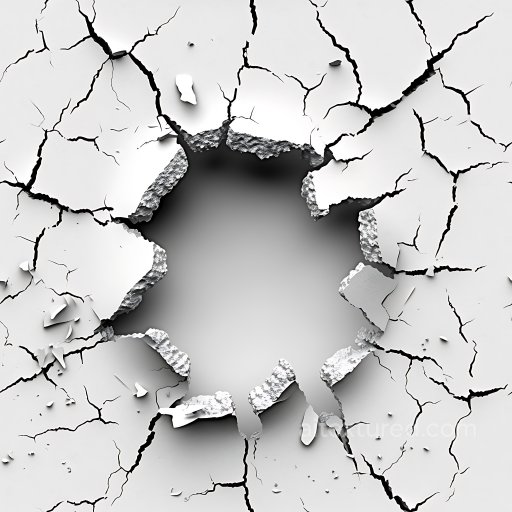 cracked plaster PBR texture featuring large torn hole and fractures in white seamless Cracked & Holes PBR texture