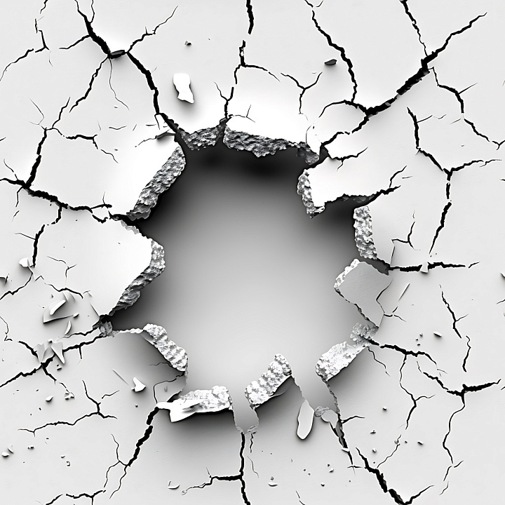 Cracked Plaster Featuring Large Torn Hole And Fractures In White seamless PBR texture preview