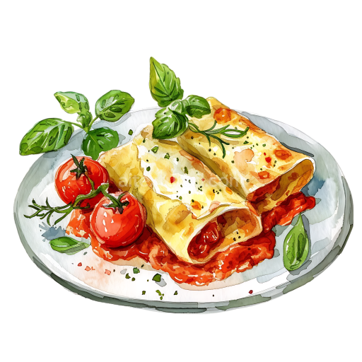 Watercolor Breakfast Graphic of Cannelloni with Meat Sauce and Fresh Herbs