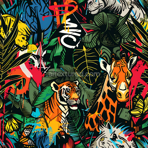 Seamless 3D PBR Graffiti Texture Featuring Jungle Animals and Abstract Spray Paint