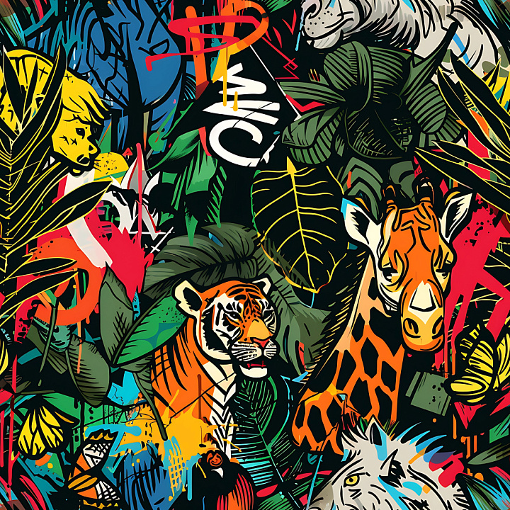 Graffiti Featuring Jungle Animals and Abstract Spray Paint seamless PBR texture preview
