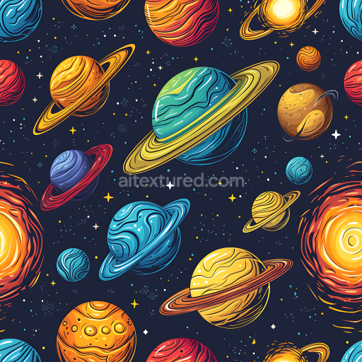 Seamless 3D Space PBR Texture with Colorful Cartoon Planets and Starfield