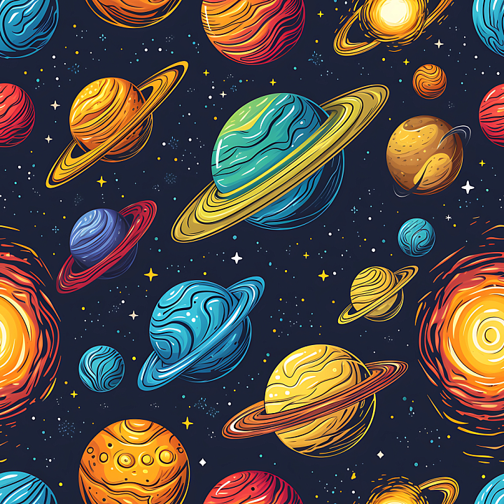 Space with Colorful Cartoon Planets and Starfield seamless PBR texture preview