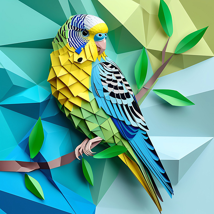 Animal of Budgerigar Origami Style Feathers in Vibrant Colors seamless PBR texture preview