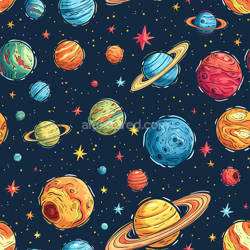 Seamless 3D Space PBR Texture Featuring Colorful Cartoon Planets and Starfield