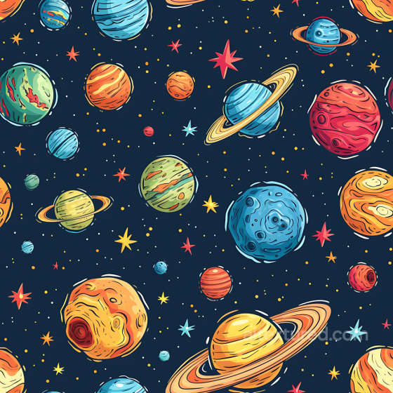 Space PBR Texture Featuring Colorful Cartoon Planets and Starfield Star, space, planets texture preview