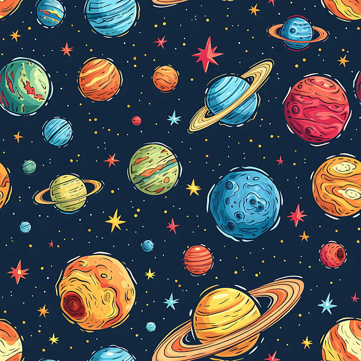 Space Featuring Colorful Cartoon Planets and Starfield seamless PBR texture preview