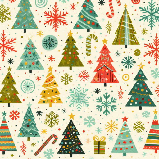 Seamless 3D PBR Texture with Colorful Christmas Trees and Snowflakes Pattern