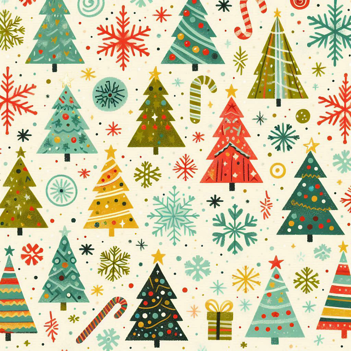 with Colorful Christmas Trees and Snowflakes Pattern seamless PBR texture preview