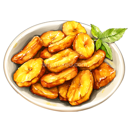 Fried Plantains Breakfast Bowl Illustration with Glossy Golden Slices and Fresh Green Leaf