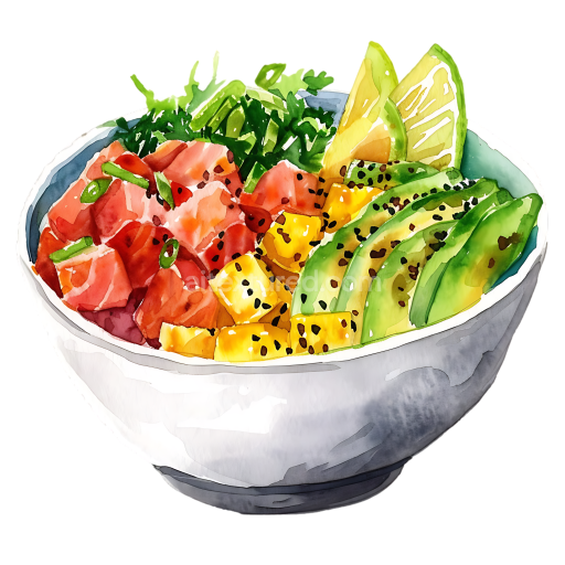 Breakfast-Themed Hawaiian Poke Bowl with Fresh Avocado and Mango Illustration