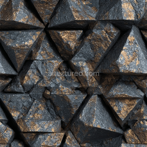 Seamless 3D Metallic Black Stone Rock PBR Texture with Geometric Pyramid Pattern