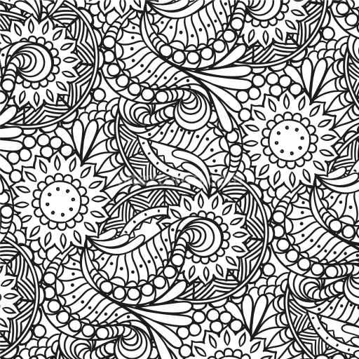 Seamless 3D PBR Texture Featuring Intricate Black and White Floral and Paisley Pattern