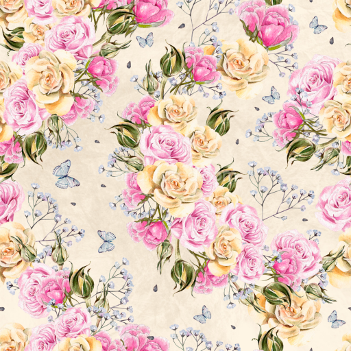 Preview — Seamless 3D PBR Floral Fabric Texture Featuring Pink and Yellow Roses with Butterflies