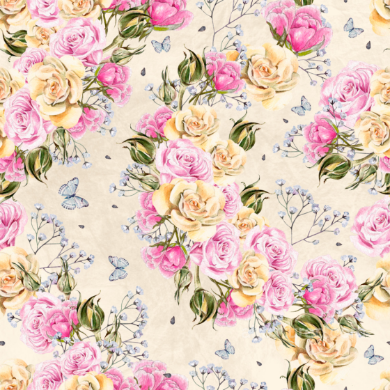 Floral Fabric Texture Featuring Pink and Yellow Roses with Butterflies Flower texture preview