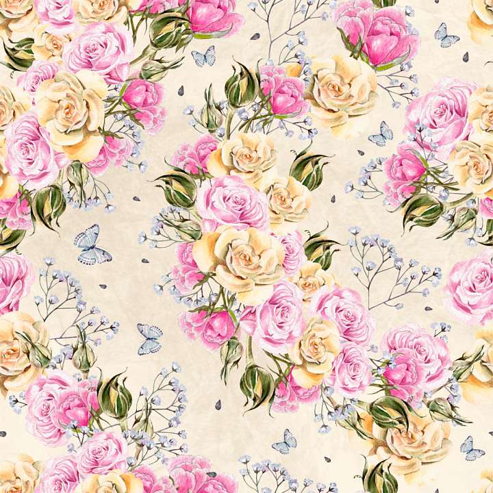 Floral Fabric Featuring Pink and Yellow Roses with Butterflies seamless PBR texture preview