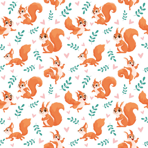 Pattern Bundle - Seamless 3D pattern PBR texture with playful cartoon squirrels and simple botanical accen… texture preview