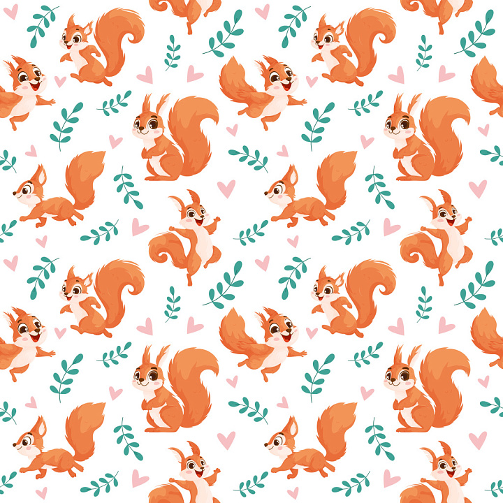 Pattern With Playful Cartoon Squirrels And Simple Botanical Accents seamless PBR texture preview
