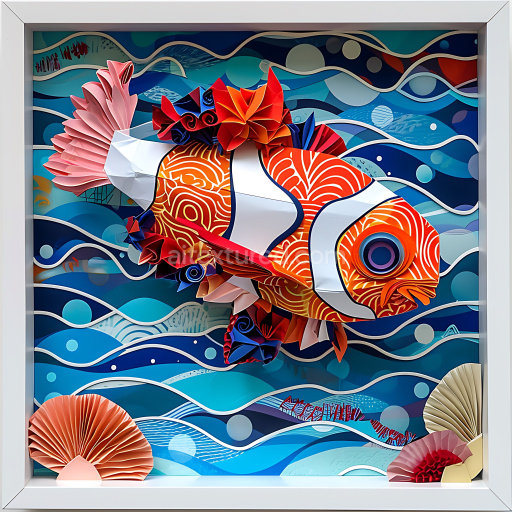 Seamless 3D PBR Texture Featuring Vibrant Origami Clown Fish with Wave Patterns
