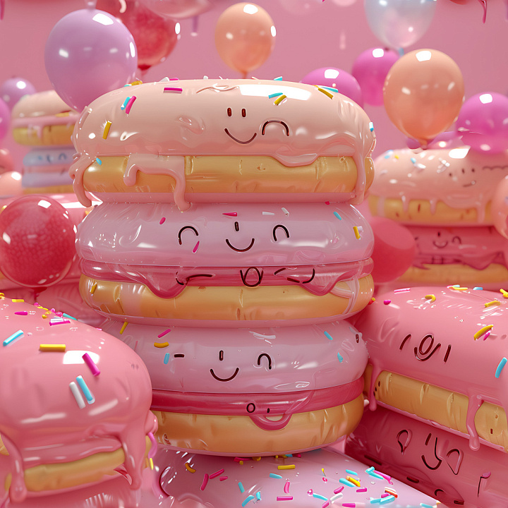 Inflated of Glossy Pink Macaron Layers with Sprinkles seamless PBR texture preview