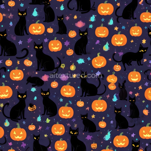 Seamless 3D PBR Watercolor Halloween Texture Featuring Black Cats & Jack-o'-Lanterns