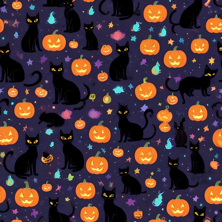 Watercolor Halloween Featuring Black Cats & Jack-o'-Lanterns seamless PBR texture preview