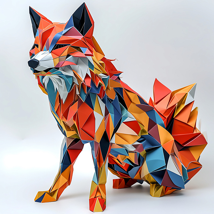 Featuring a Vibrant Low-Poly Origami Coyote Pattern seamless PBR texture preview