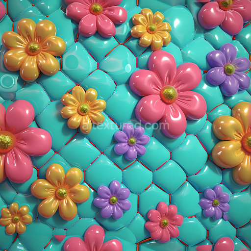 Seamless 3D Inflated Vinyl PBR Texture with Puffy Colorful Flowers and Quilted Panels