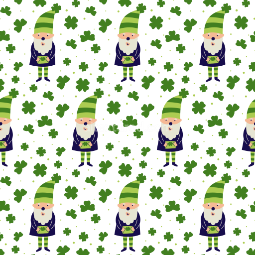 Seamless 3D PBR Texture Featuring St Patrick Cartoon Gnomes and Shamrocks