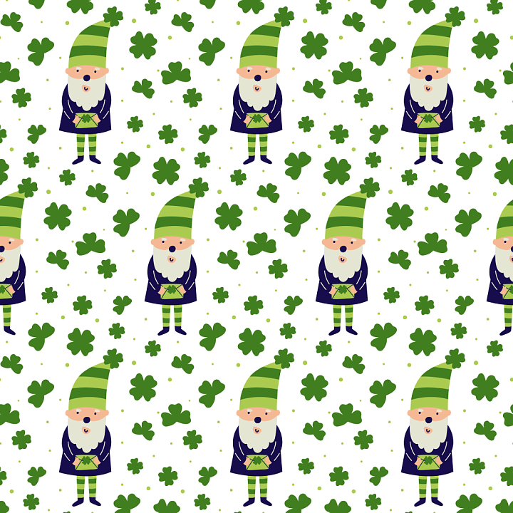 Featuring St Patrick Cartoon Gnomes and Shamrocks seamless PBR texture preview