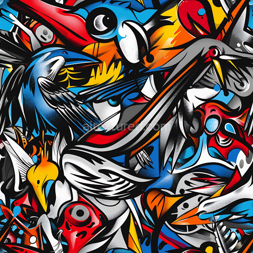 Seamless 3D PBR Texture Featuring Vibrant Graffiti Birds and Urban Street Art