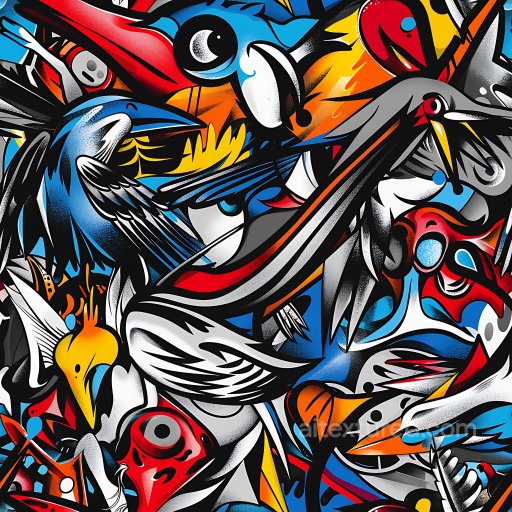 Seamless 3D PBR Texture Featuring Vibrant Graffiti Birds and Urban Street Art texture preview