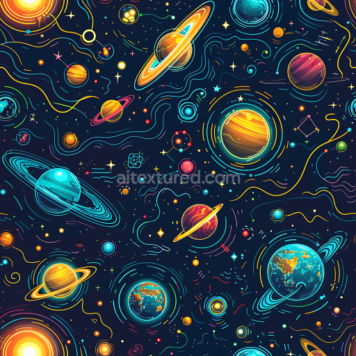 Seamless 3D Space PBR Texture Featuring Vibrant Cartoon-Style Planets & Starry Galaxy