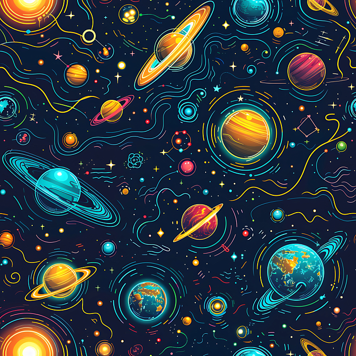 Space Featuring Vibrant Cartoon-Style Planets & Starry Galaxy seamless PBR texture preview