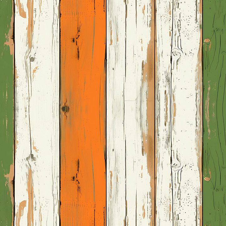 Distressed Painted Wood Planks in White, Orange & Green seamless PBR texture preview