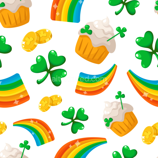 Seamless 3D PBR Texture Featuring St Patrick's Day Shamrocks, Rainbows, and Cupcakes