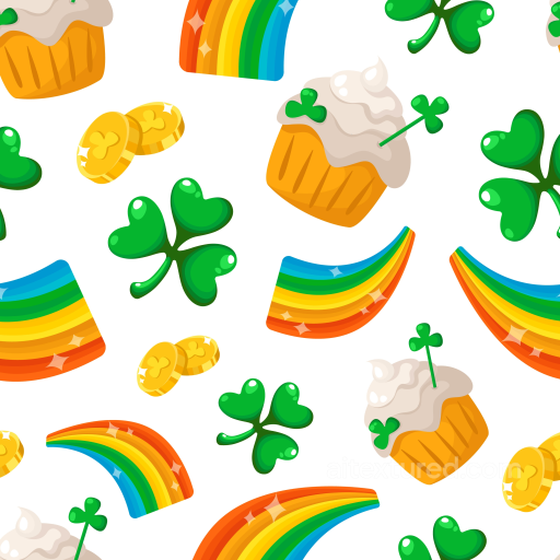 Featuring St Patrick's Day Shamrocks, Rainbows, and Cupcakes seamless St patrick digital paper bundle PBR texture
