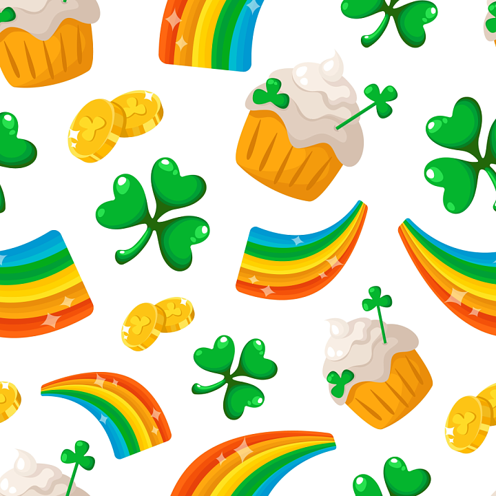 Featuring St Patrick's Day Shamrocks, Rainbows, and Cupcakes seamless PBR texture preview