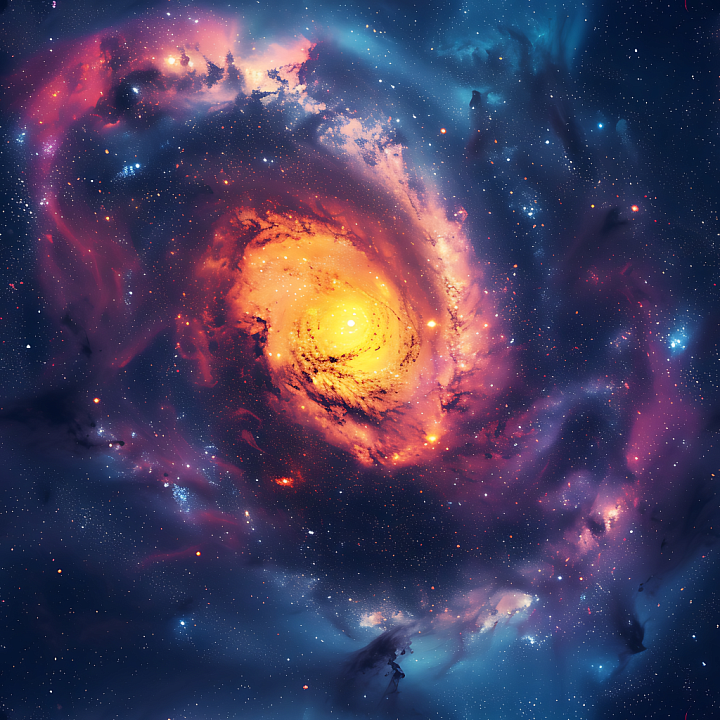 Space Featuring Swirling Galaxy Clouds and Vibrant Fiery Core seamless PBR texture preview