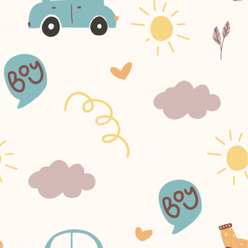 Seamless 3D PBR Baby Boy Themed Fabric Pattern Texture with Cars and Clouds