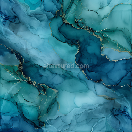 Seamless 3D Alcohol Ink PBR Texture Featuring Blue-Green Fluid Waves and Gold Veins