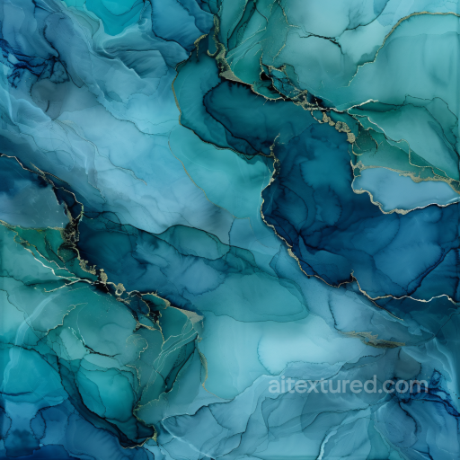 Alcohol Ink PBR Texture Featuring Blue-Green Fluid Waves and Gold Veins seamless Alcohol ink PBR texture
