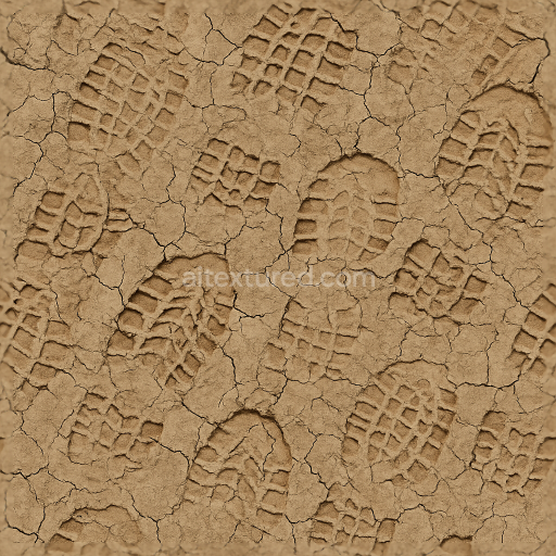 Seamless 3d texture pbr 8k of dry soil footprints on cracked mud surface
