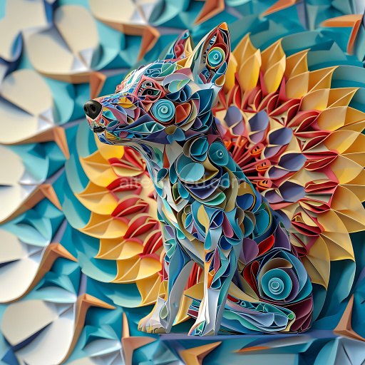 Seamless 3D PBR Texture Featuring Vibrant Origami-Style Dog with Multicolor Petal Patterns