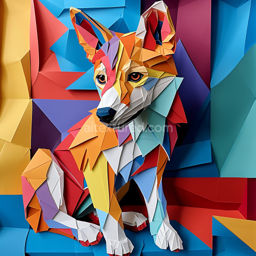 Seamless 3D PBR Texture of Colorful Origami Dingo with Geometric Shapes