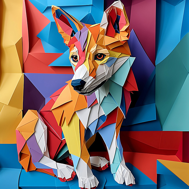 Animal of Colorful Origami Dingo with Geometric Shapes seamless PBR texture preview