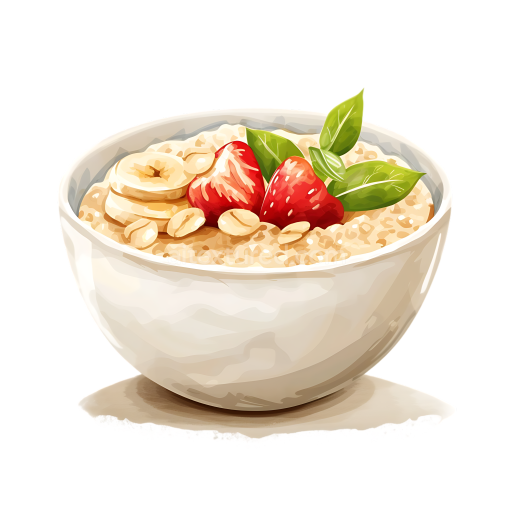 Gluten-Free Oatmeal Breakfast Bowl with Fresh Fruits and Green Leaves Illustration