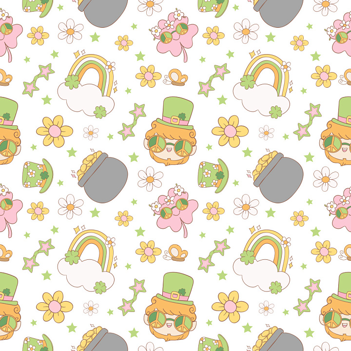 Pattern with St Patrick's Day Cartoon Motifs and Pastel Colors seamless PBR texture preview